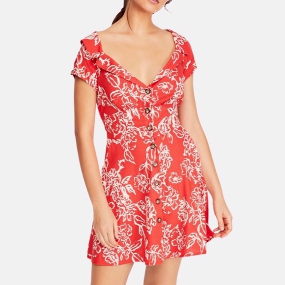 Free People Dresses & Skirts - NWT Free People Tropical Floral Print Linen Blend Red ShirtDress